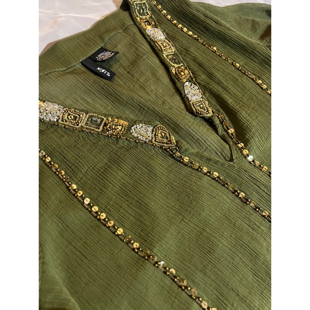 Y2K Mixit Sheer Tunic Top XS Boho Earthy Olive Green Beaded Gold Sequin Gauze - Picture 9 of 10